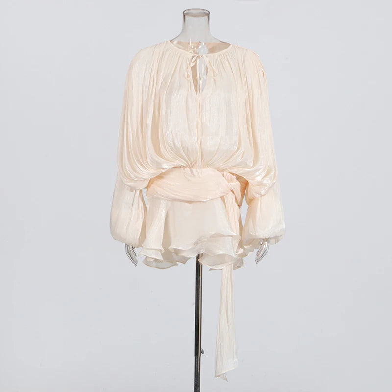 Zalia Atelier | Beige Draped Blouson Mini Dress | Designer Inspired | Chloe Inspired