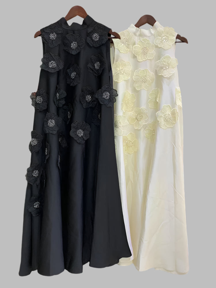Beige and Black O Neck Midi Dress Appliques