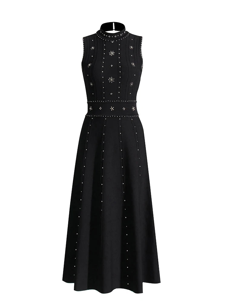 Chic Black O Neck Midi Dress with embroidered beads | Zalia Atelier