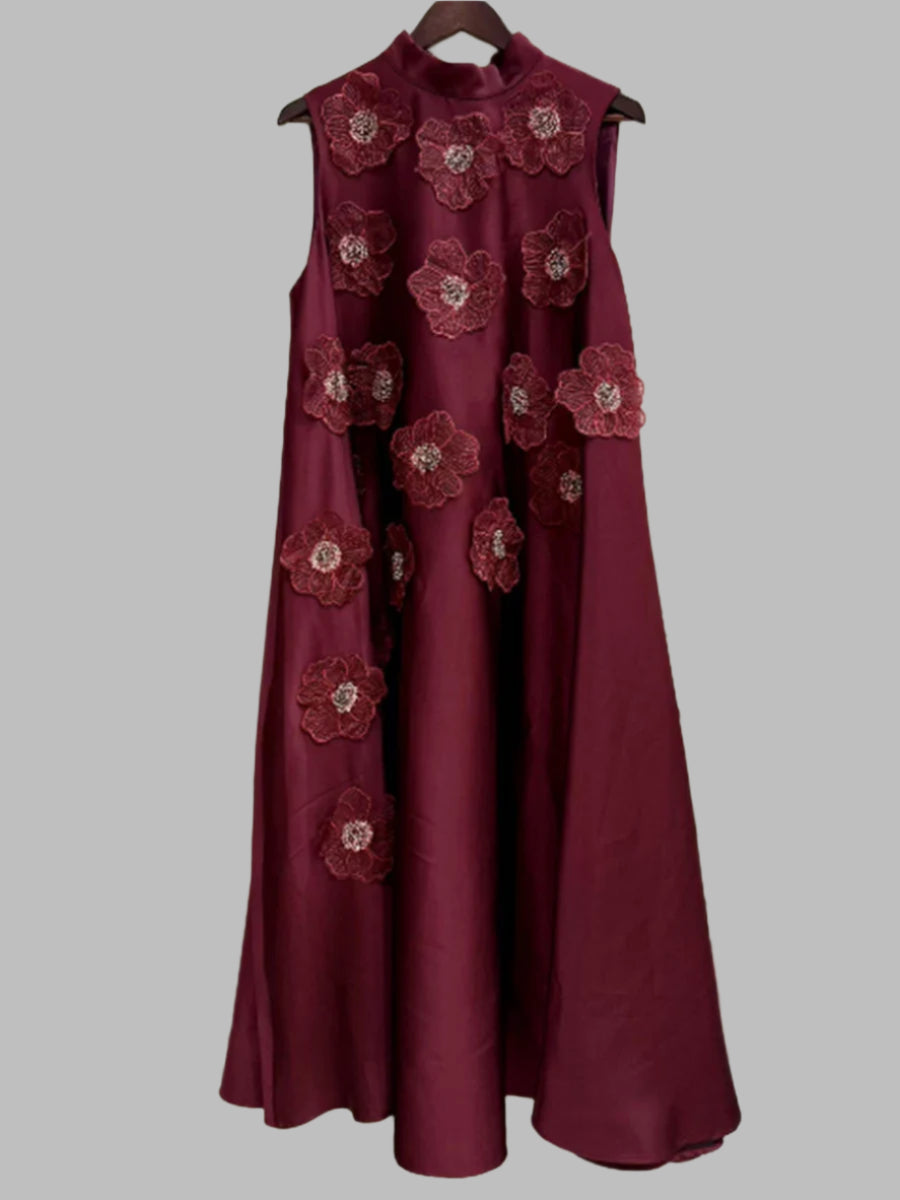 Zalia Atelier | Burgundy O Neck Midi Dress Appliques