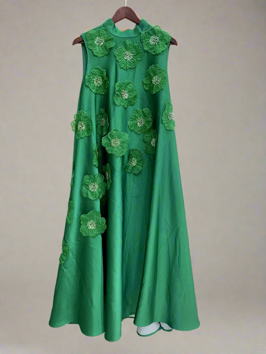 Green O Neck Midi Dress Appliques