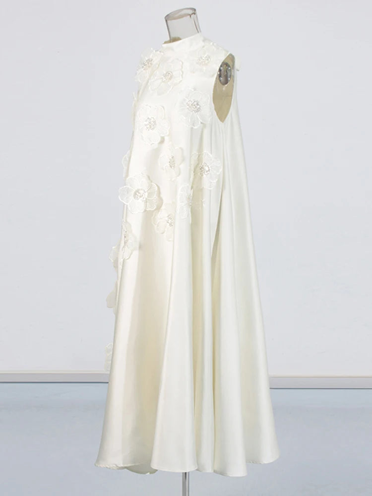 Zalia Atelier | Beige O Neck Midi Dress Appliques