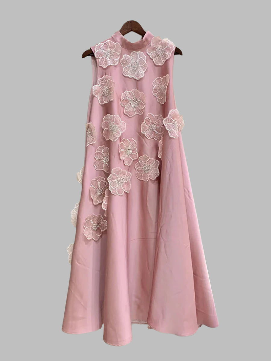 Pink O Neck Midi Dress Appliques | Zalia Atelier