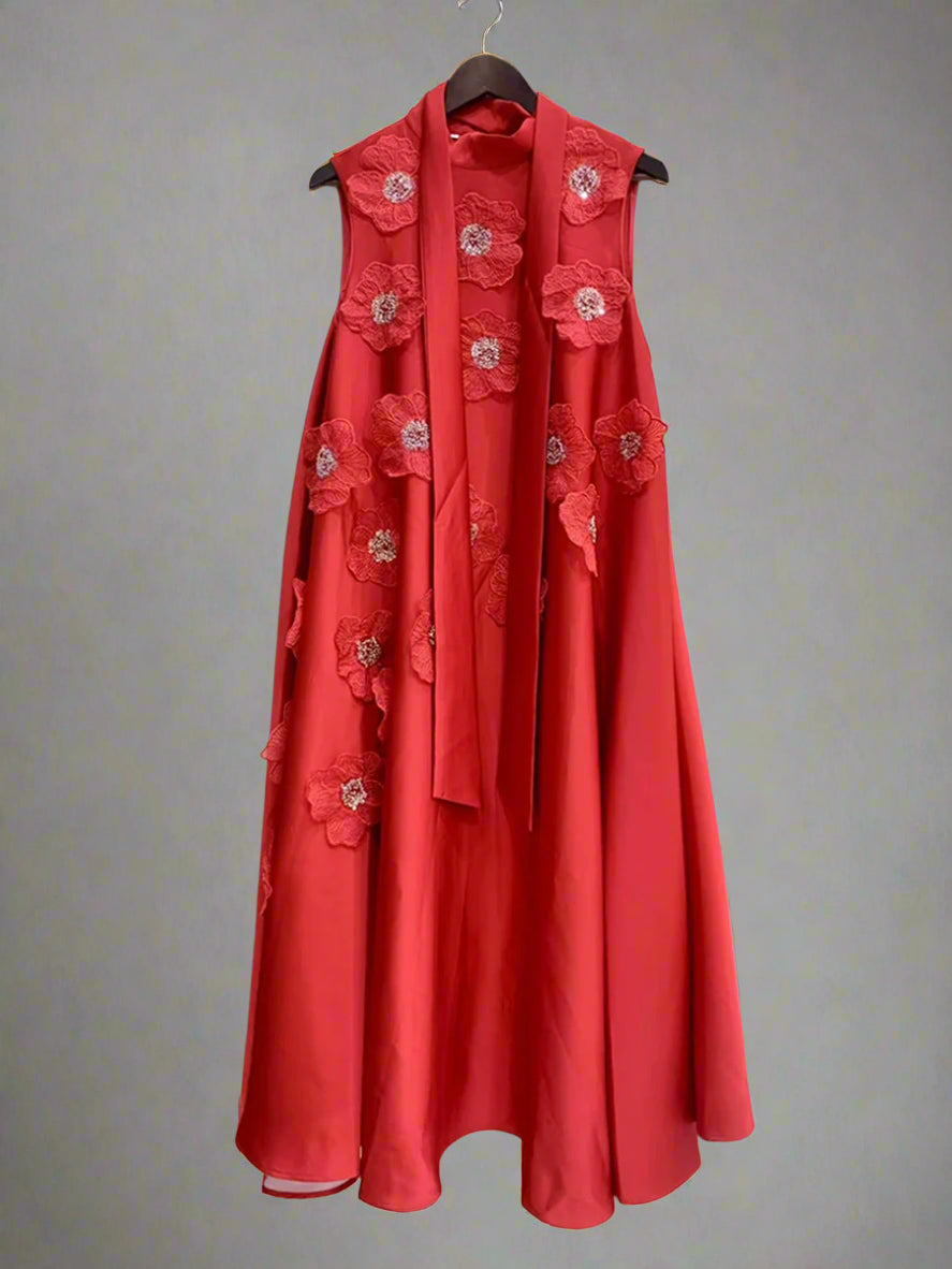 Zalia Atelier | Red O Neck Midi Dress Appliques