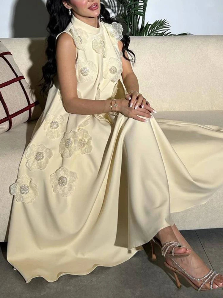 Appliques O Neck Midi Dress