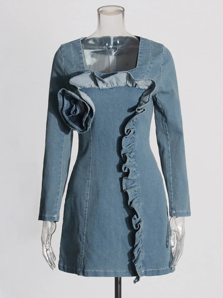 Zalia Atelier | Appliques Denim Mini Dress Long Sleeves