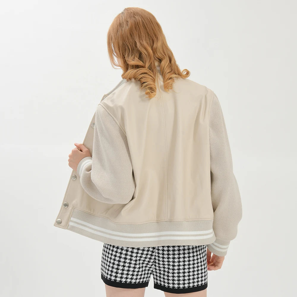 Zalia Atelier | Beige Leather Jacket Varsity Style