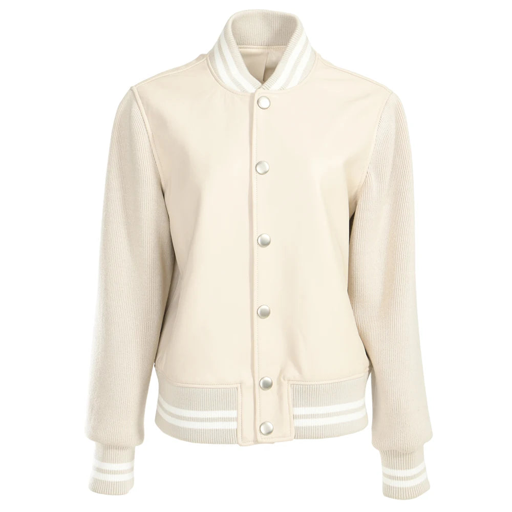 Zalia Atelier | Beige Varsity Leather Jacket