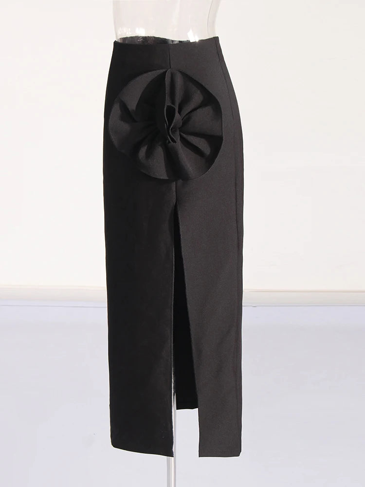 Zalia Atelier | Black Appliques High Split Midi Skirt