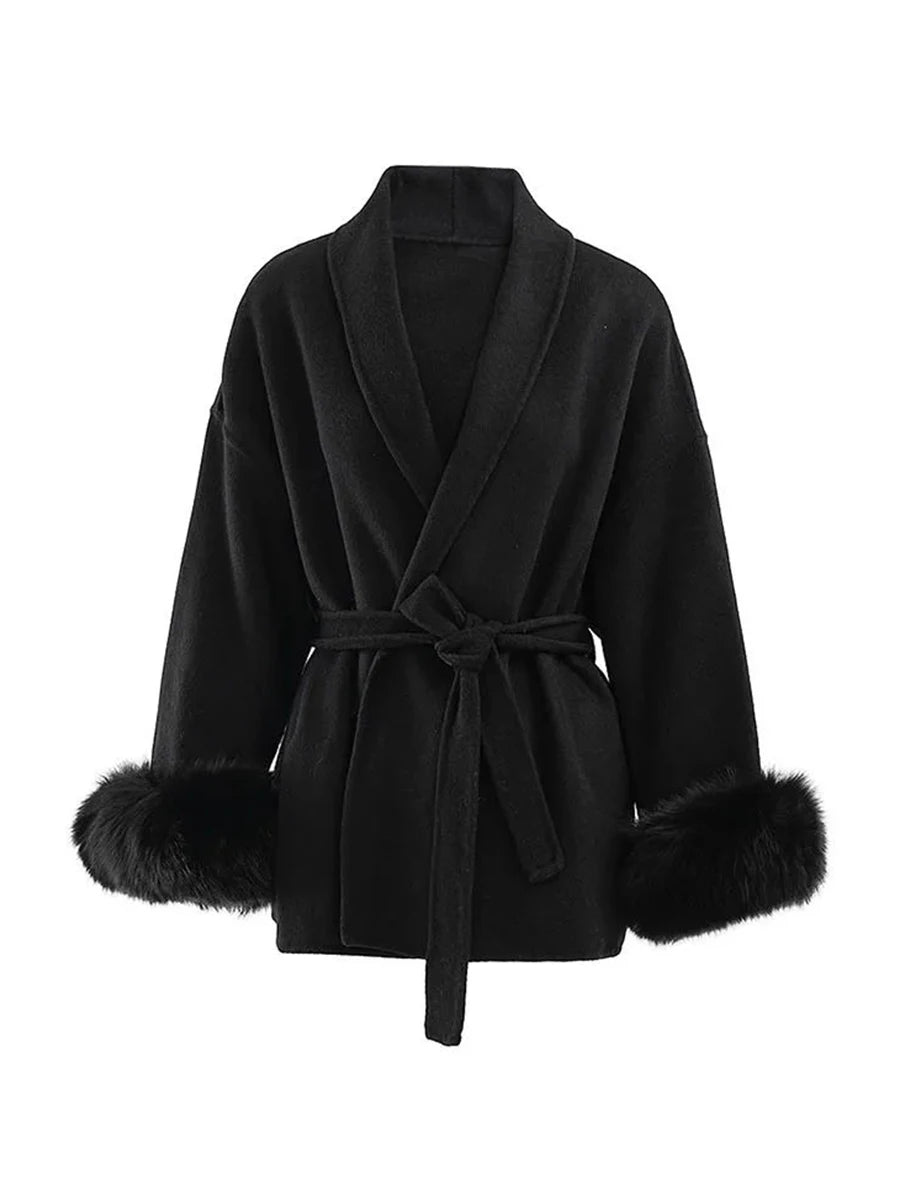 Zalia Atelier | Black Belted Jacket Fur Cuffs