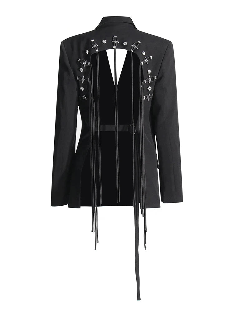 Black Blazer Open Back With Tassels