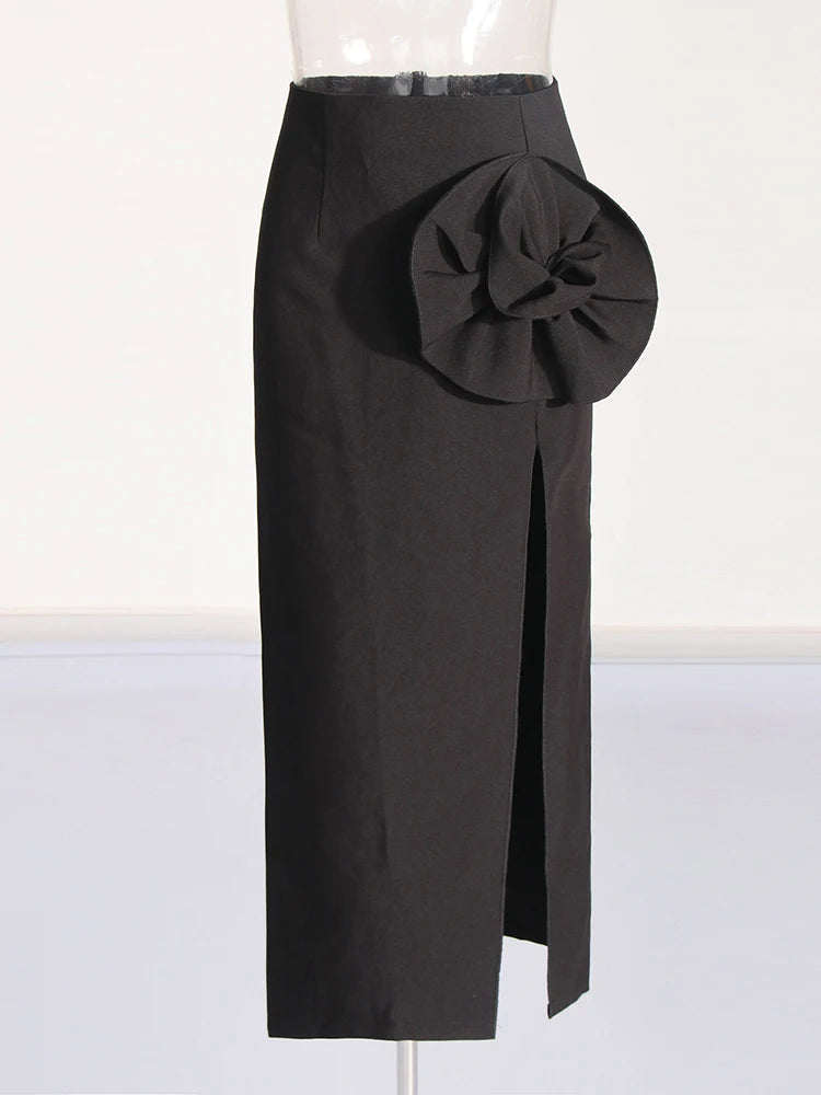 Zalia Atelier Black High Split Midi Skirt