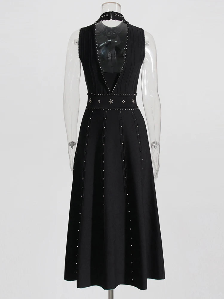 Black O Neck Midi Dress with embroidered beads