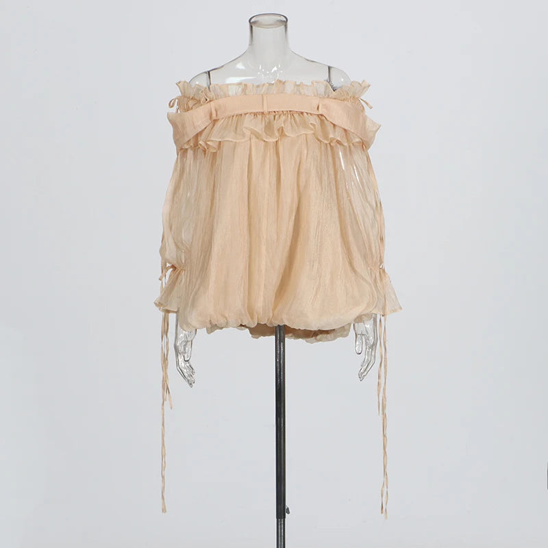 Zalia Atelier | Boho Chiffon Blouse | Caramel Color Blouson Style Top | Boho Chic