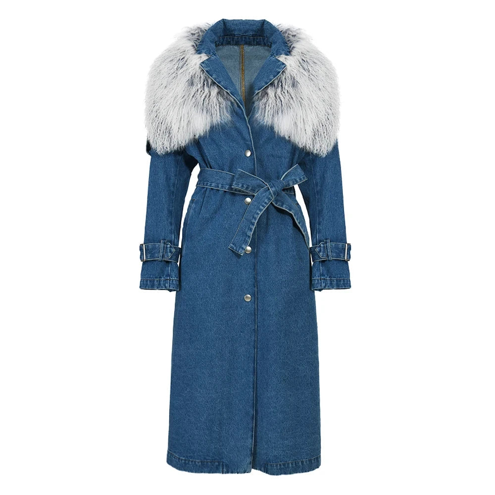 Zalia Atelier | Denim and Fur Trench Coat