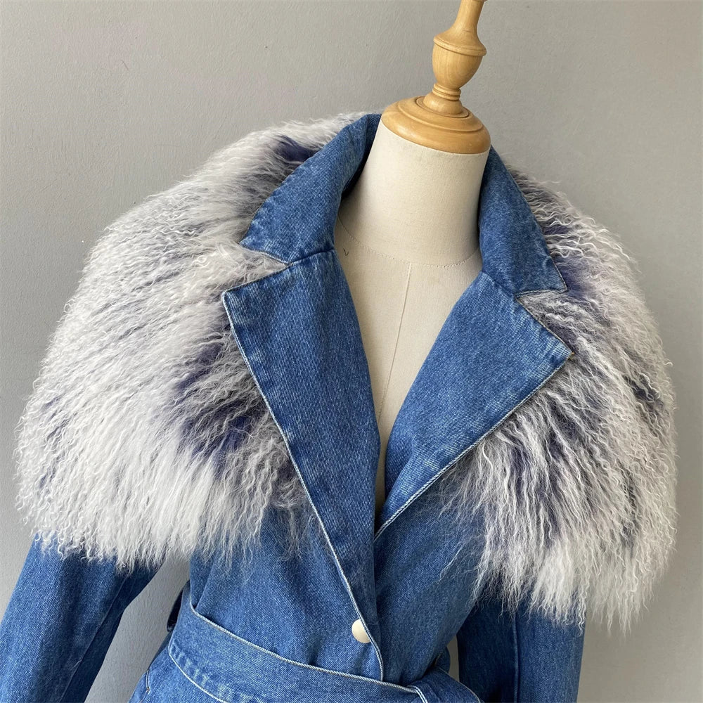 Zalia Atelier | Denim and Mongolian Fur Coat