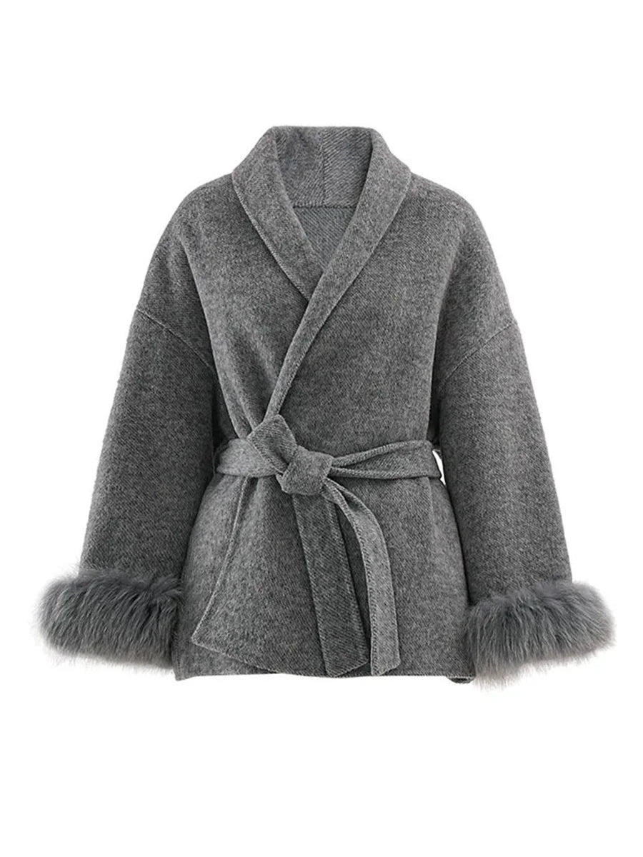 Zalia Atelier | Gray Belted Jacket with Fur Cuffs