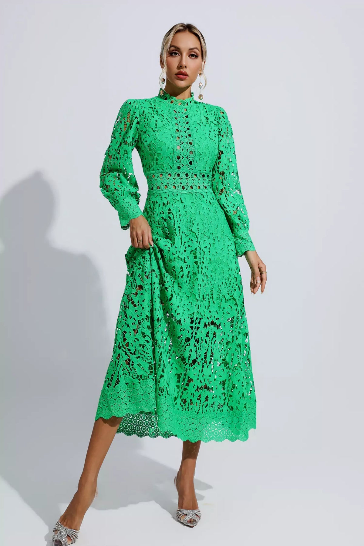 Green Lace Embroidery Midi Dress | Long Sleeves | Zalia Atelier