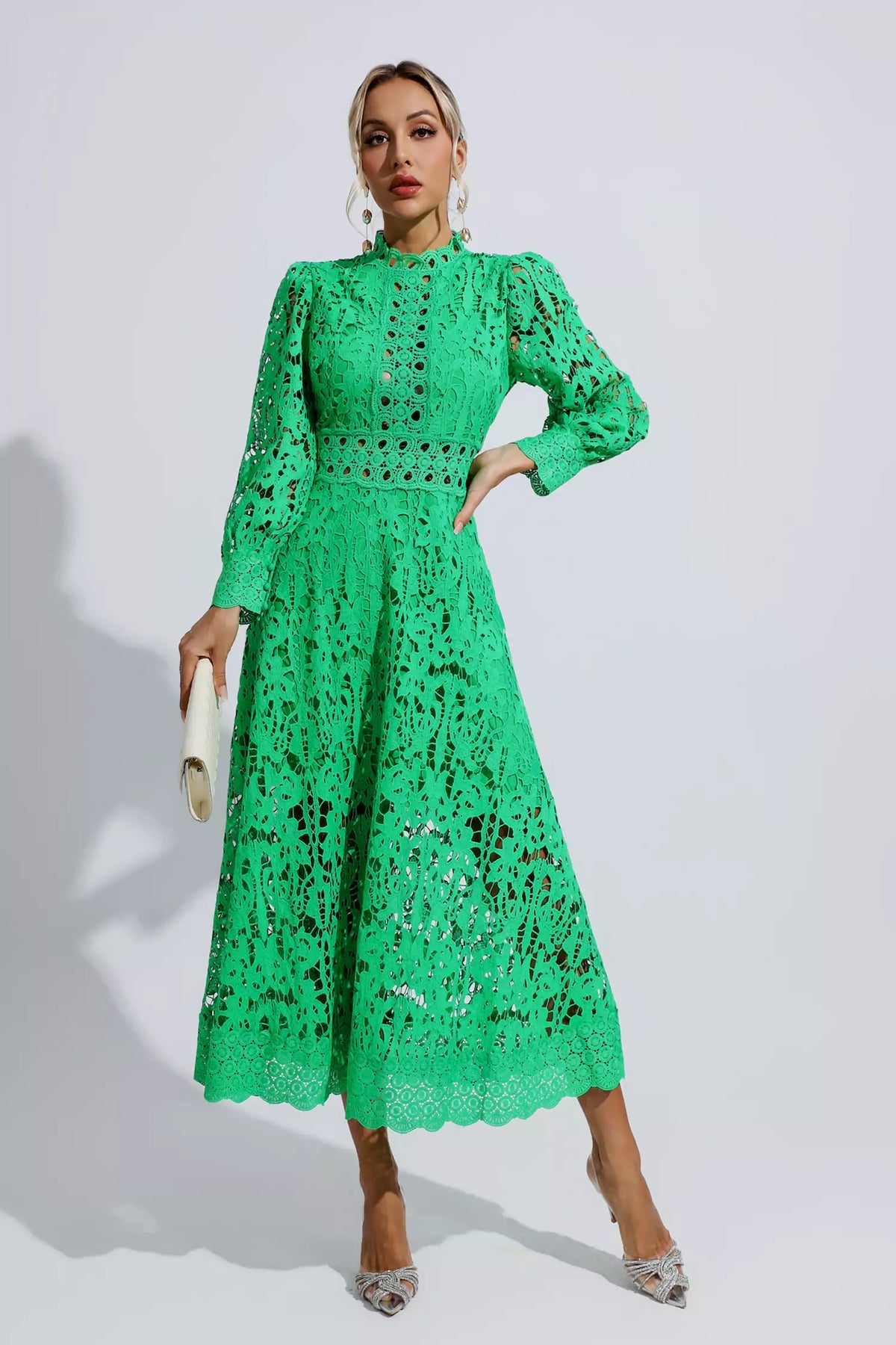 Green Lace Embroidery Midi Dress | Long Sleeves | Zalia Atelier