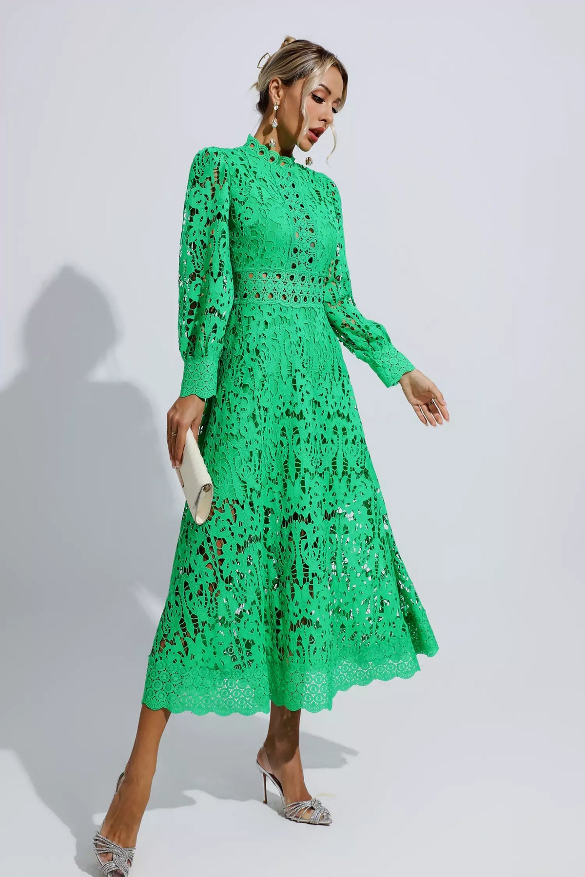 Green Lace Embroidery Midi Dress | Long Sleeves | Zalia Atelier