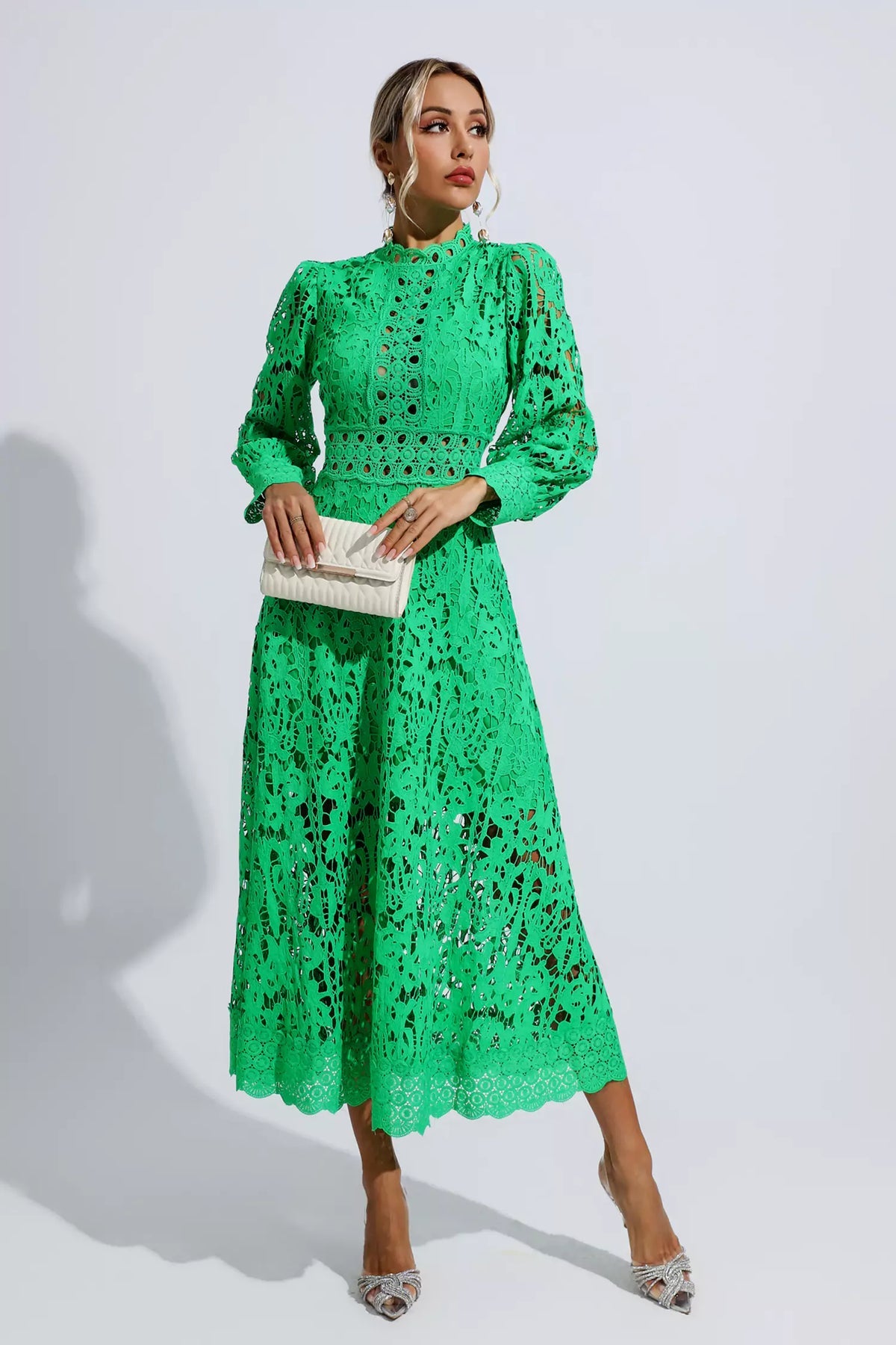 Green Lace Embroidery Midi Dress | Long Sleeves | Zalia Atelier