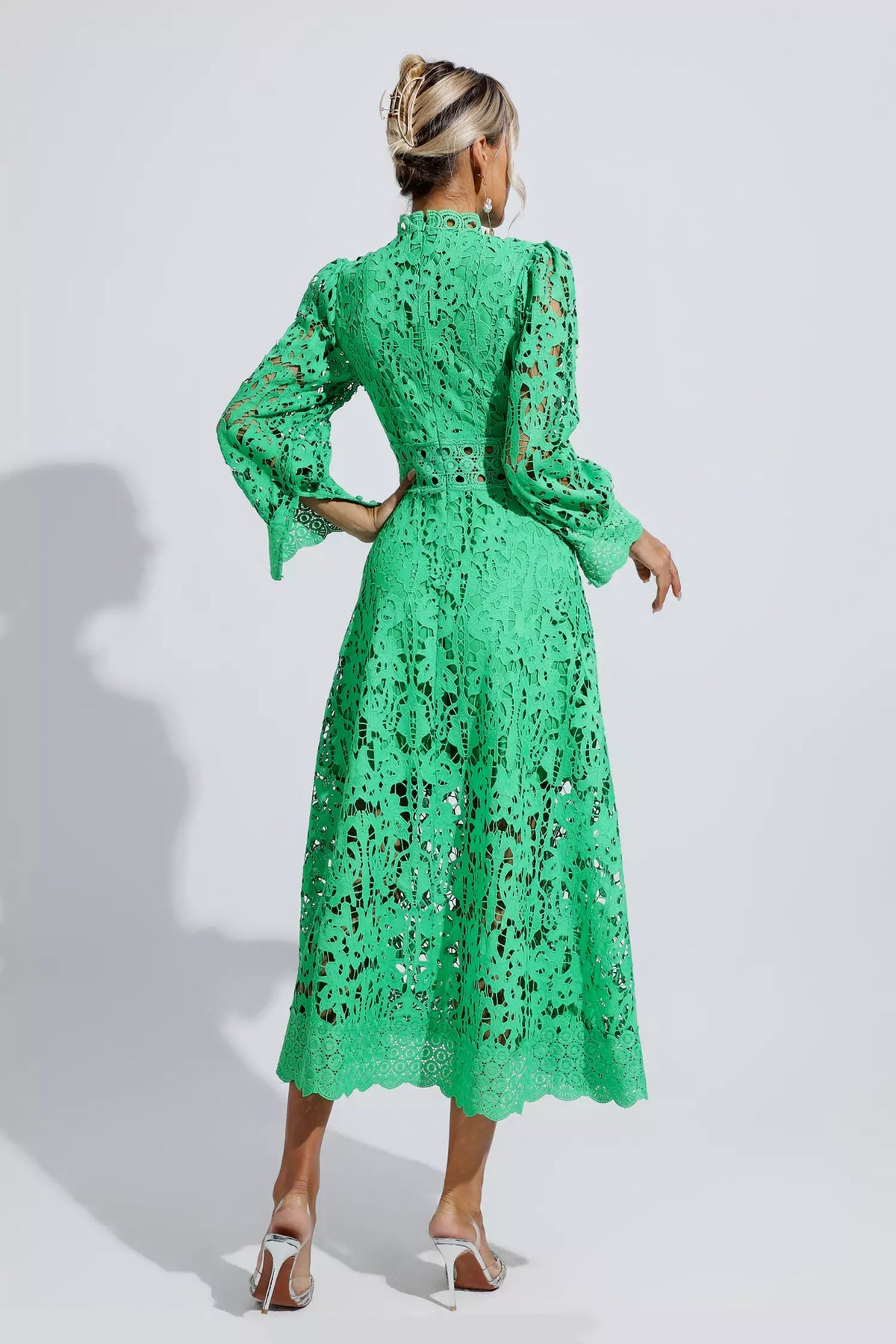 Green Lace Embroidery Midi Dress | Long Sleeves | Zalia Atelier