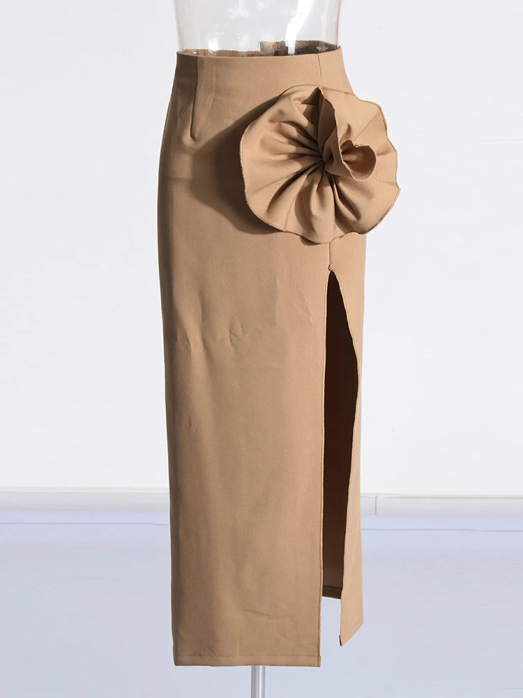 Zalia Atelier Khaki High Split Midi Skirt