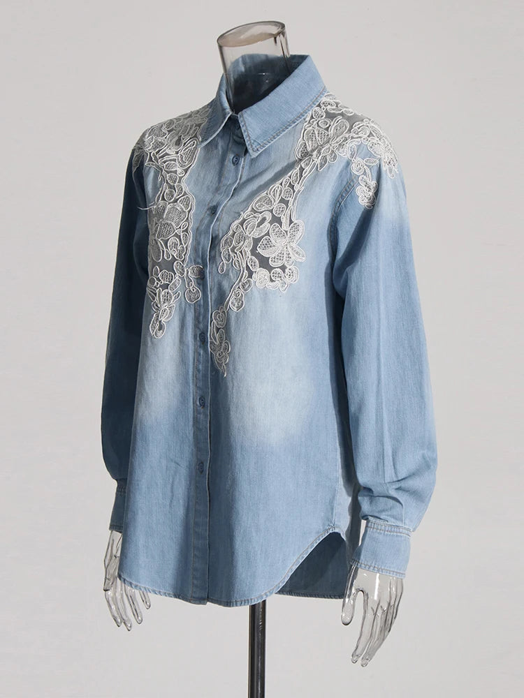 Lace and Denim Long Sleeve Shirt | Designer Dupe Denim Shirt