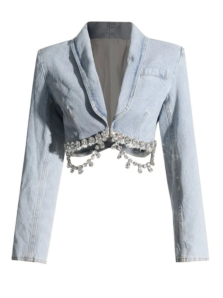 Zalia Atelier | Light Blue Denim Jacket with Big Rhinestones