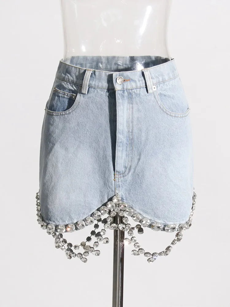 Zalia Atelier | Light Blue Denim Skirt with Big Rhinestones