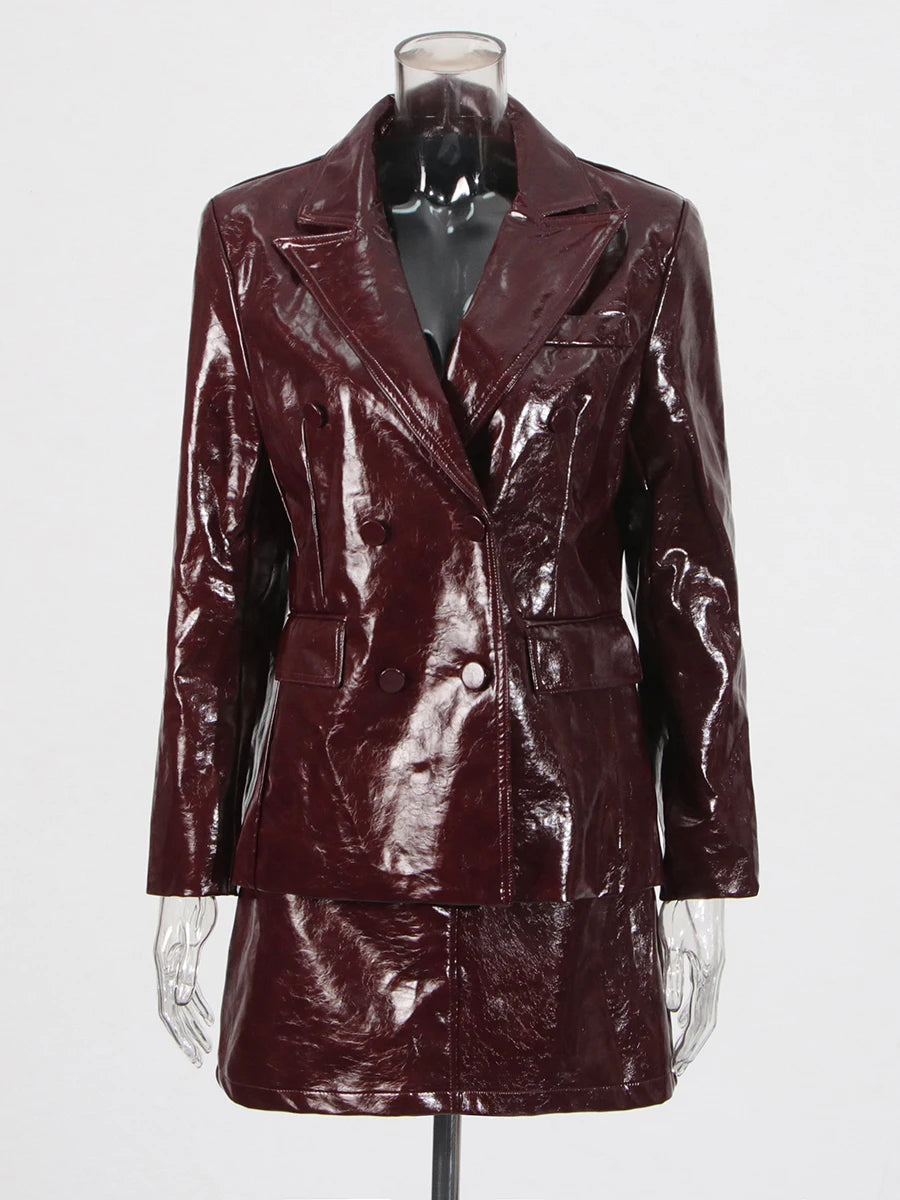 Zalia Atelier | PU Leather Ancora Blazer and Mini Skirt Set 