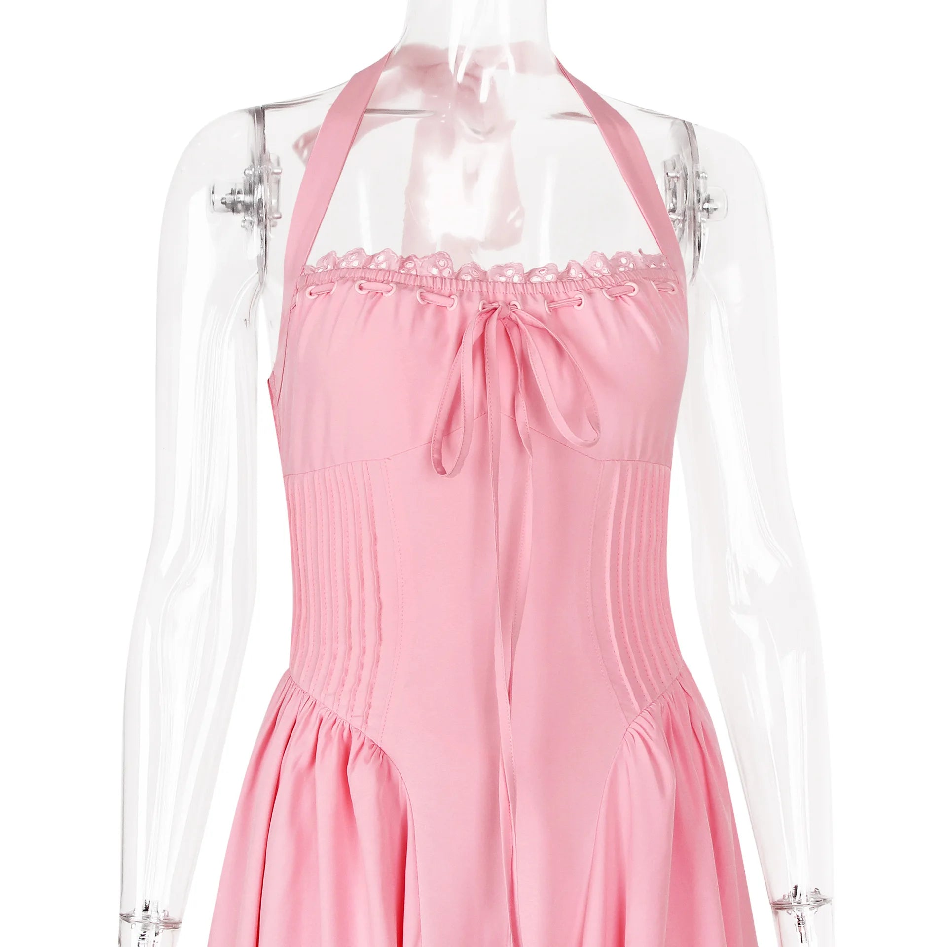 Pink Halter Dress With Ribbon Lace