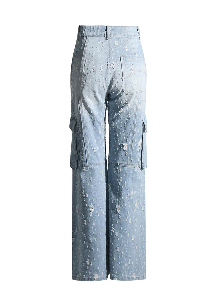 Denim cargo pants with rips and zippers | Zalia Atelier