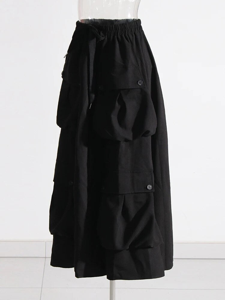 Black Midi Skirt With Pockets and Drawstring Closure