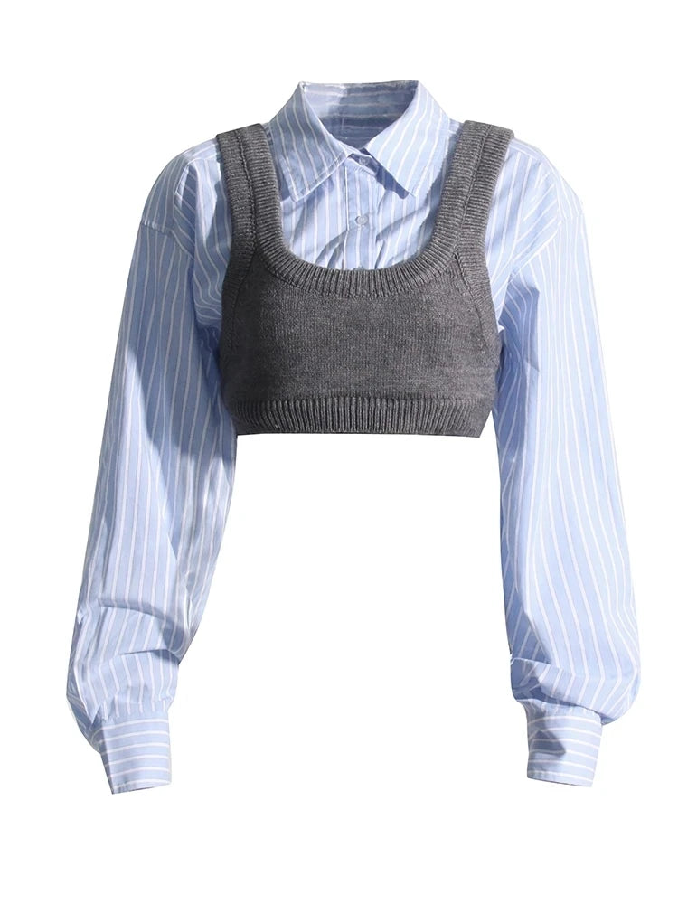 striped blue shirt with grey vest