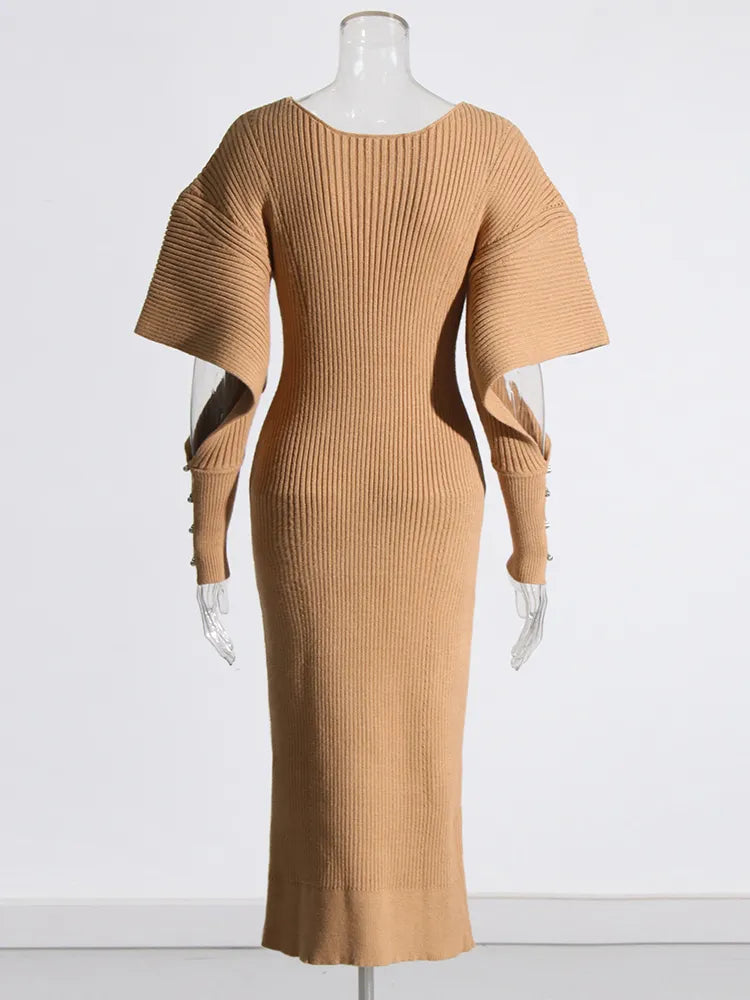 Khaki knit midi dress with long sleeves with cutouts