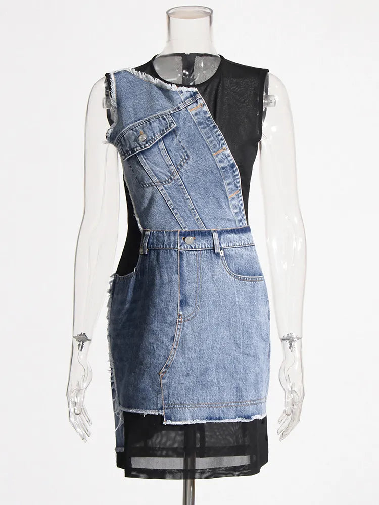 Patchwork denim and mesh mini dress