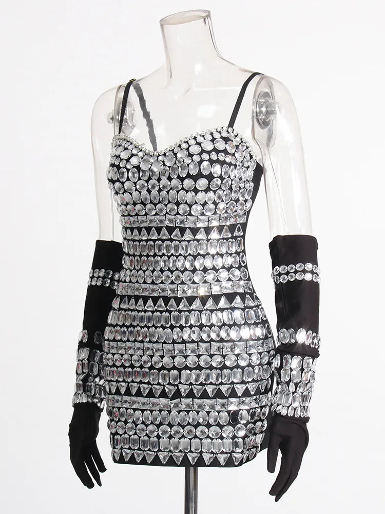 Zalia Atelier | Crystal Bead Mini Dress with Matching Gloves