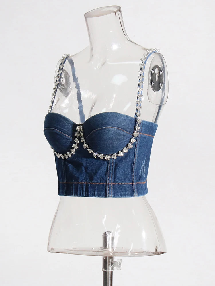 Zalia Atelier | Denim Bustier Top with big crystal rhinestones straps