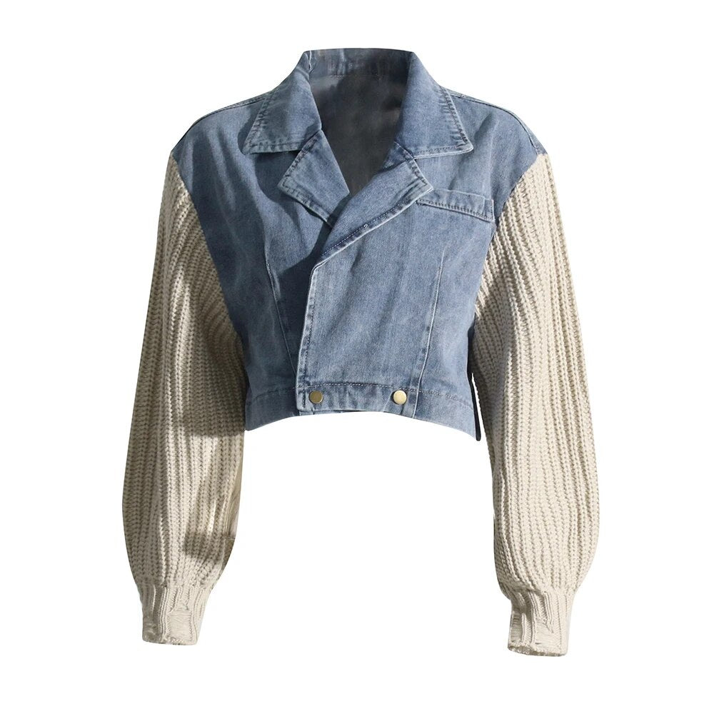 Blue Denim Jacket with Beige Knit Sleeves