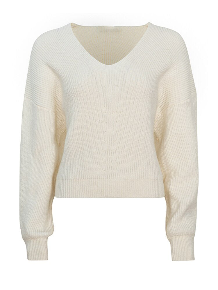 Zalia Atelier | Chic Style and Quality Cream Color Knit Sweater With V Neck and Lantern Sleeves