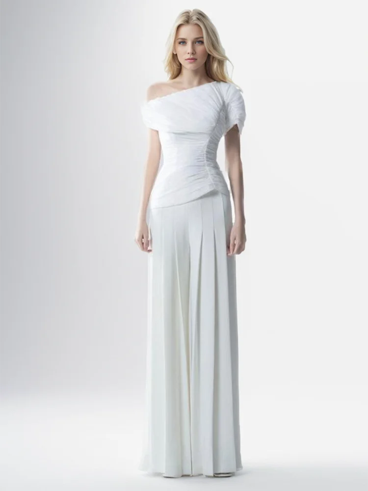 Zalia Atelier | White Matching Set | White top and wide Leg pants| Luxury Style 