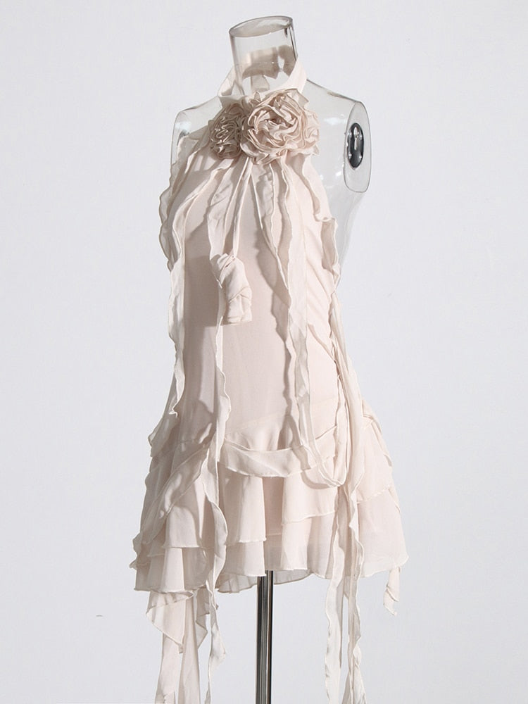 Beige Cascading Ruffles Mini Dress | Party Outfit | Designer Inspired Blumarine Dupe