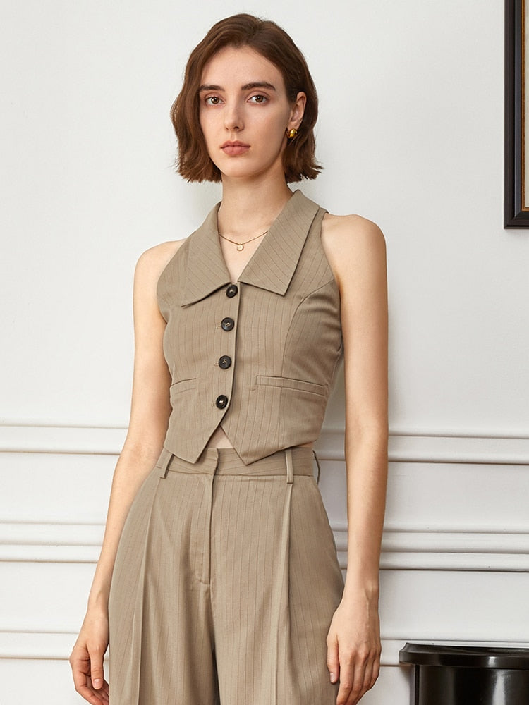 Chic Style Khaki Vest with turndown collar | Zalia Atelier