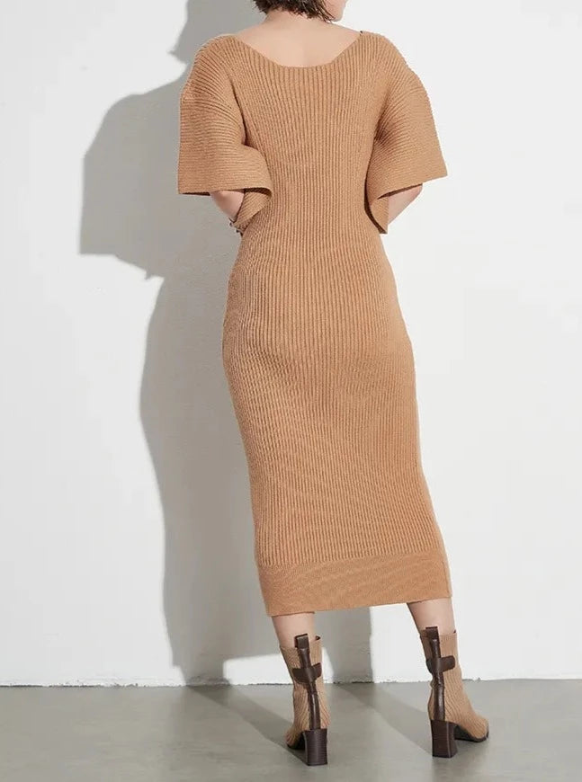 Khaki knit midi dress with long sleeves with cutouts