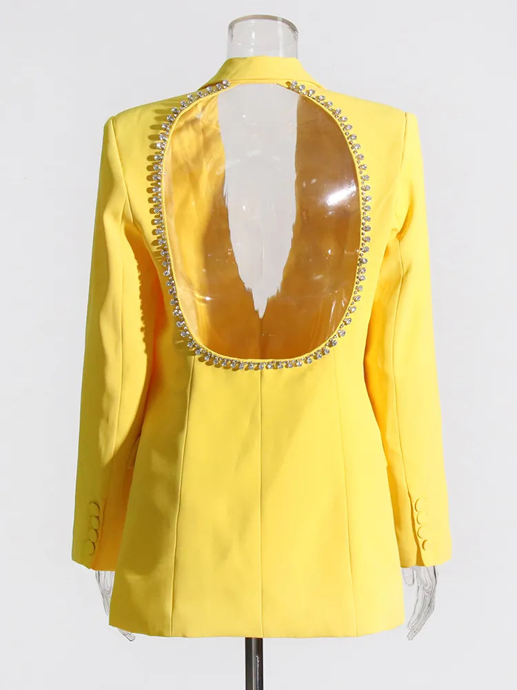 Yellow Blazer Back Cutout with Rhinestone Trim