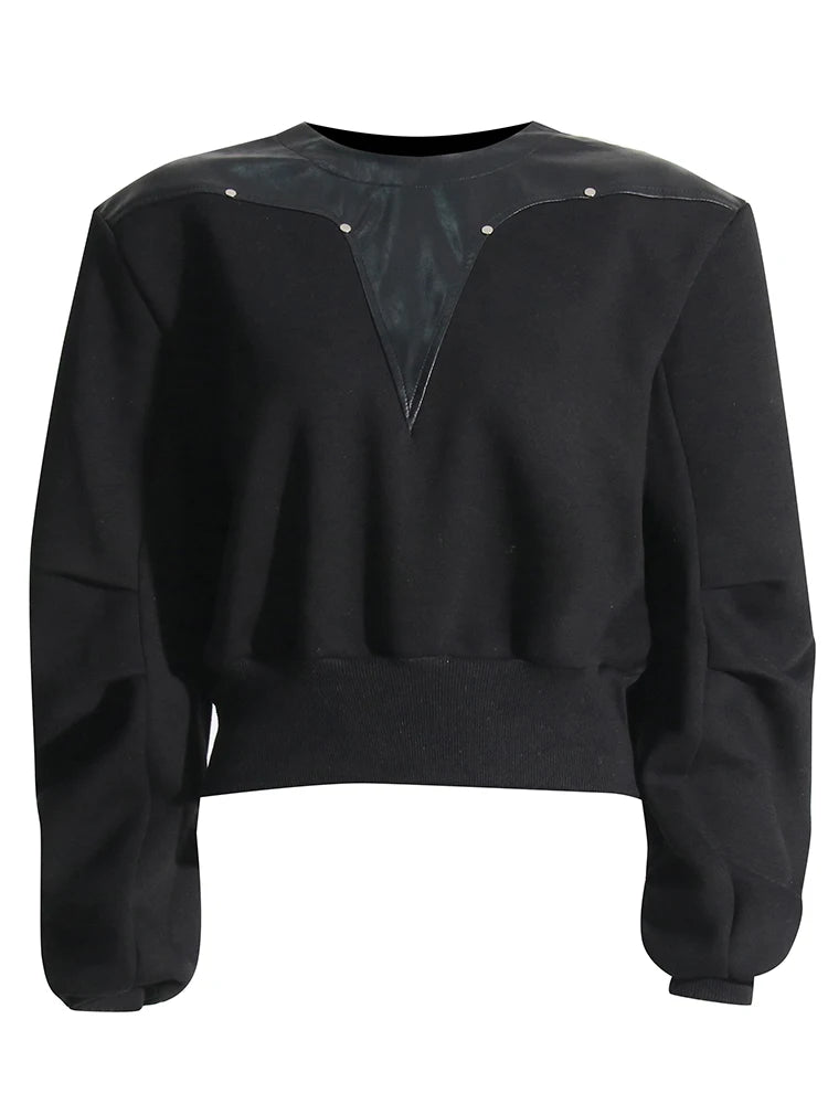 Zalia Atelier | Black sweatshirt pu leather patchwork