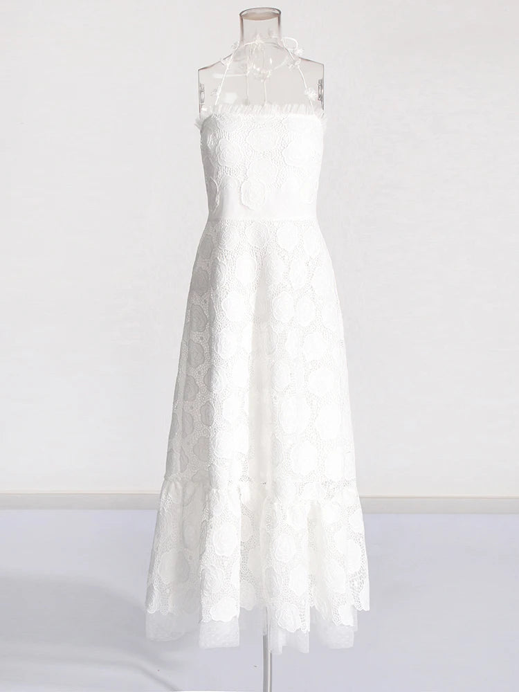 Zalia Atelier | White Halter Dress Embroidered Lace