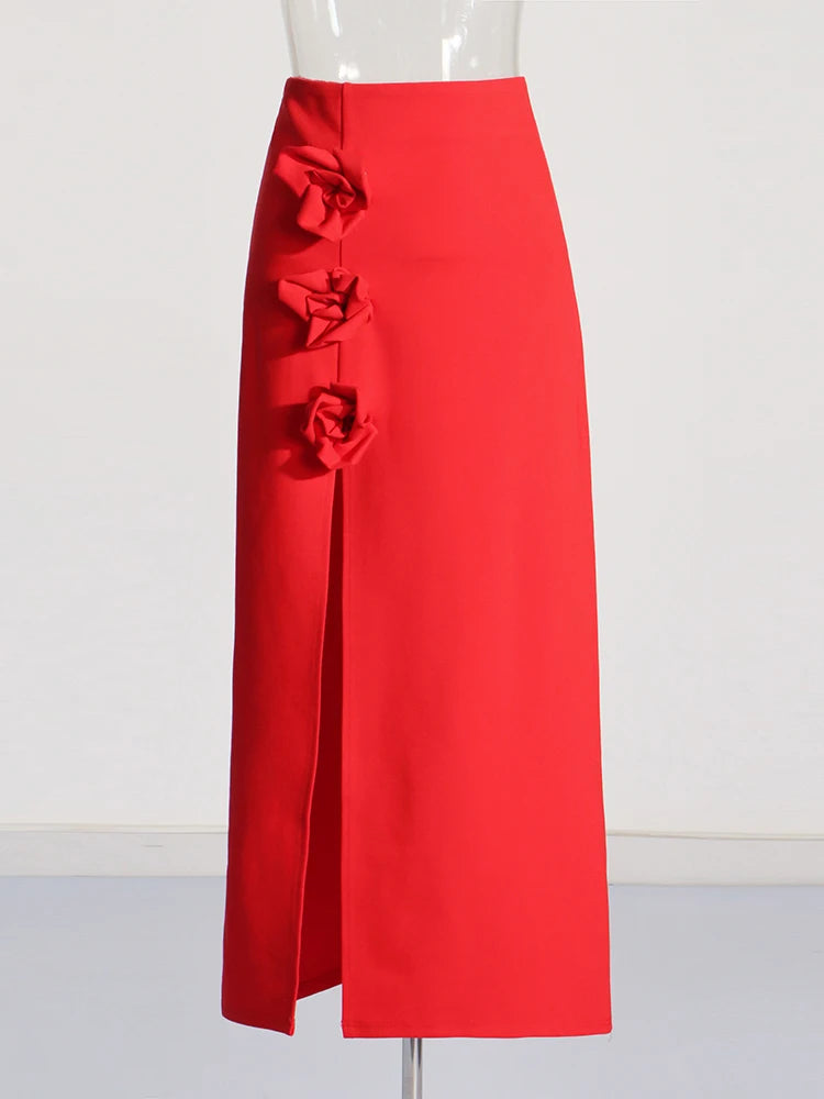 Zalia Atelier | Red Maxi Skirt | Flower Appliques | Side Front Split