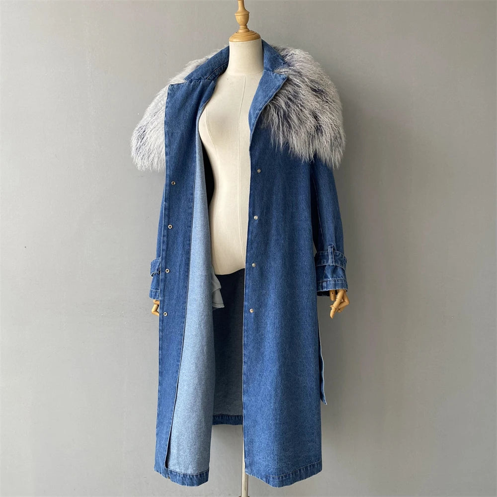 Denim and Fur Trench Coat